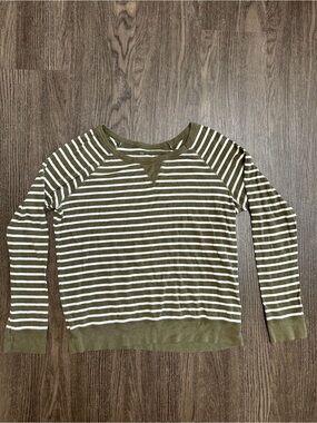 GAP Women’s Olive and White Striped Crewneck Sweater, Size M